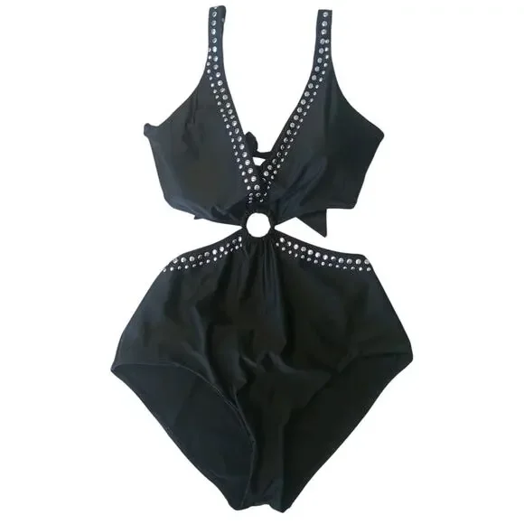 Bar III Tell Me About It Stud One Piece Swimsuit Black XL NWT - Picture 3 of 9